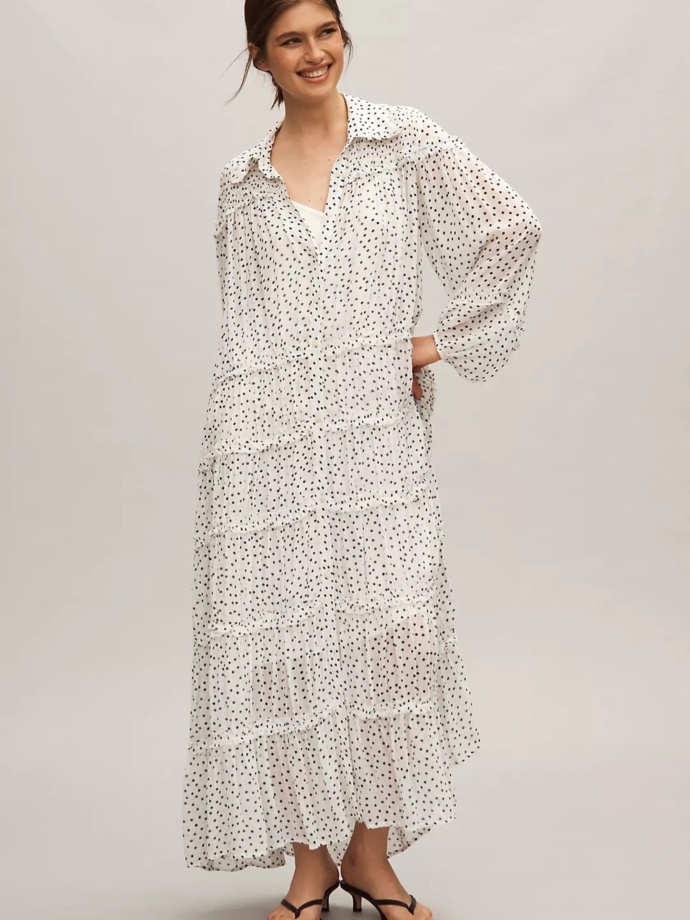 By Anthropologie Long-Sleeve Smocked Tiered Maxi Dress petite xs